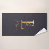 Aangepast goudblauw elegant monogram L Badhanddoek (Badhanddoek)