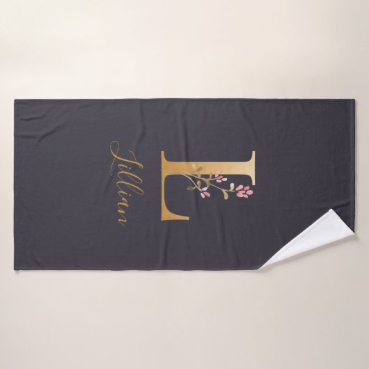Aangepast goudblauw elegant monogram L Badhanddoek (Badhanddoek)