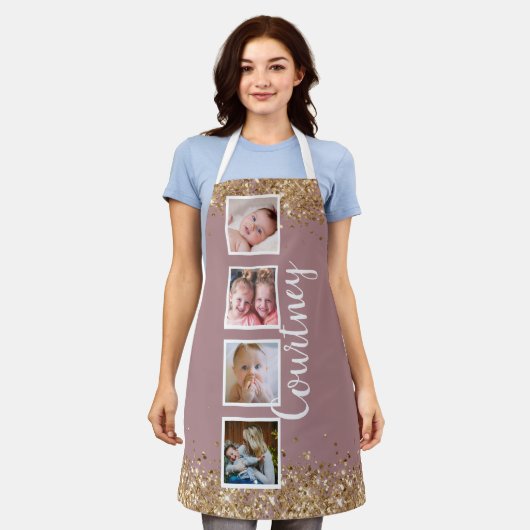 aangepast goudglitter roos fotocollage schort (Gedragen)