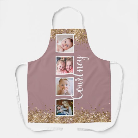 aangepast goudglitter roos fotocollage schort (Voorkant)