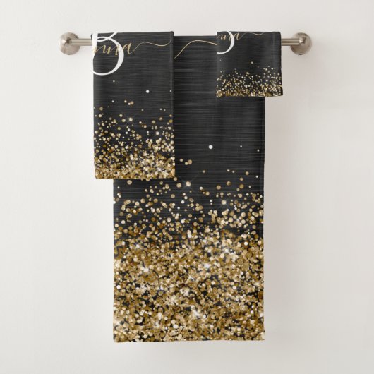 Aangepast goudglitter zwart monogram bad handdoek (Insitu)