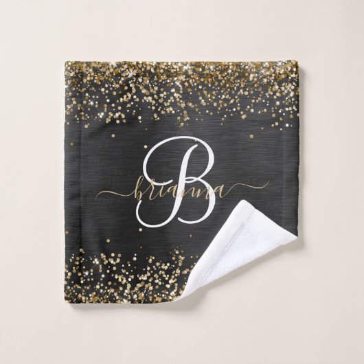 Aangepast goudglitter zwart monogram bad handdoek (Wasdoekje)