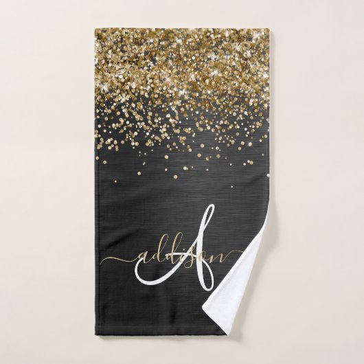 Aangepast goudglitter zwart monogram bad handdoek (Handdoek)
