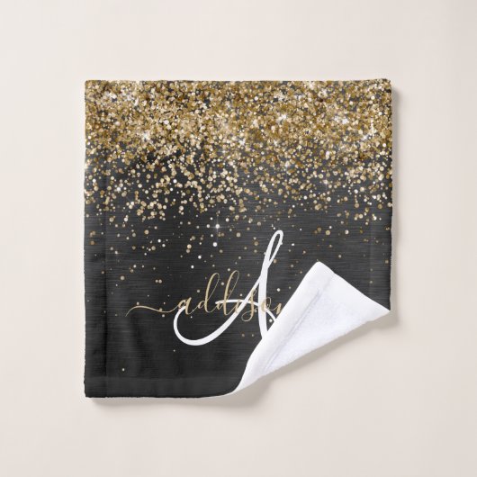 Aangepast goudglitter zwart monogram bad handdoek (Wasdoekje)