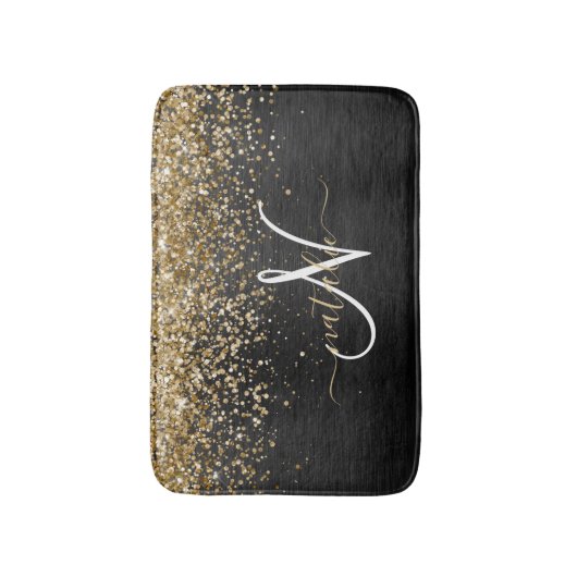 Aangepast goudglitter zwart monogram badmat (Voorkant Verticaal)