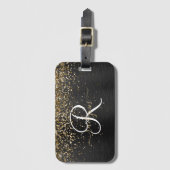 Aangepast goudglitter zwart monogram bagagelabel (Voorkant (verticaal))