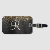 Aangepast goudglitter zwart monogram bagagelabel (Voorkant (horizontaal))