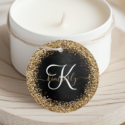 Aangepast goudglitter zwart monogram bedankjes labels