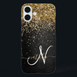 Aangepast goudglitter zwart monogram iPhone 16 plus hoesje<br><div class="desc">Pas dit trendy elegante telefoondoosontwerp met  gouden mousserende glitter op een zwarte geborstelde metalen achtergrond eenvoudig aan.</div>