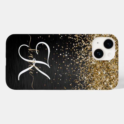 Aangepast goudglitter zwart monogram Case-Mate iPhone case (Achterkant (horizontaal))