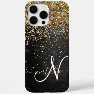 Aangepast goudglitter zwart monogram iPhone 16 pro max hoesje