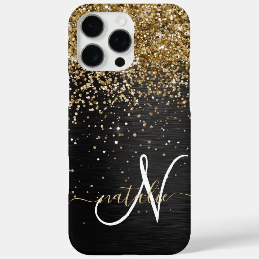 Aangepast goudglitter zwart monogram Case-Mate iPhone case (Achterkant)