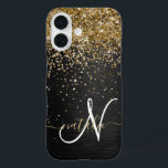Aangepast goudglitter zwart monogram iPhone 16 hoesje<br><div class="desc">Pas dit trendy elegante telefoondoosontwerp met  gouden mousserende glitter op een zwarte geborstelde metalen achtergrond eenvoudig aan.</div>