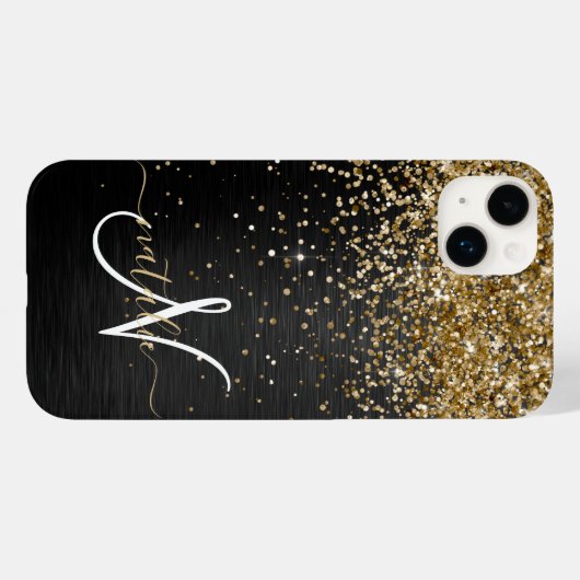 Aangepast goudglitter zwart monogram Case-Mate iPhone case (Achterkant (horizontaal))
