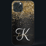 Aangepast goudglitter zwart monogram Case-Mate iPhone case<br><div class="desc">Pas dit trendy elegante telefoondoosontwerp met  gouden mousserende glitter op een zwarte geborstelde metalen achtergrond eenvoudig aan.</div>