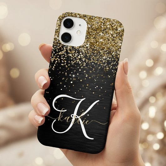 Aangepast goudglitter zwart monogram Case-Mate iPhone case
