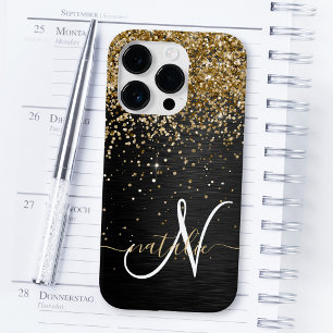 Aangepast goudglitter zwart monogram Case-Mate iPhone 14 pro hoesje