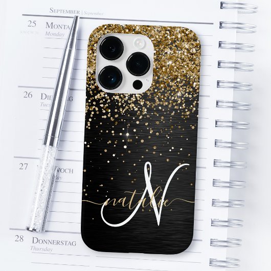 Aangepast goudglitter zwart monogram Case-Mate iPhone case