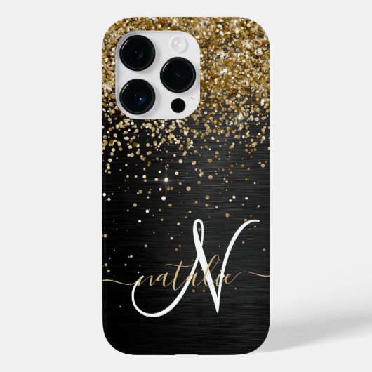 Aangepast goudglitter zwart monogram Case-Mate iPhone case (Achterkant)