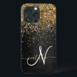 Aangepast goudglitter zwart monogram Case-Mate iPhone case<br><div class="desc">Pas dit trendy elegante telefoondoosontwerp met  gouden mousserende glitter op een zwarte geborstelde metalen achtergrond eenvoudig aan.</div>