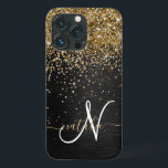 Aangepast goudglitter zwart monogram Case-Mate iPhone case<br><div class="desc">Pas dit trendy elegante telefoondoosontwerp met  gouden mousserende glitter op een zwarte geborstelde metalen achtergrond eenvoudig aan.</div>