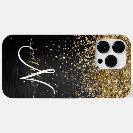 Aangepast goudglitter zwart monogram Case-Mate iPhone case (Achterkant (horizontaal))