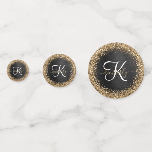 Aangepast goudglitter zwart monogram confetti (Voorkanten)