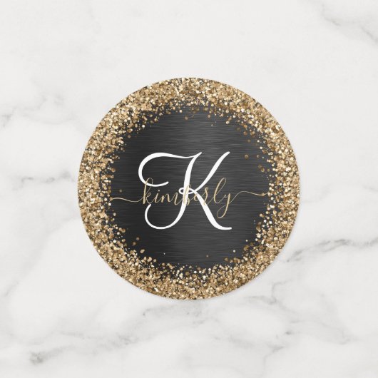Aangepast goudglitter zwart monogram confetti (Kleine voorkant)
