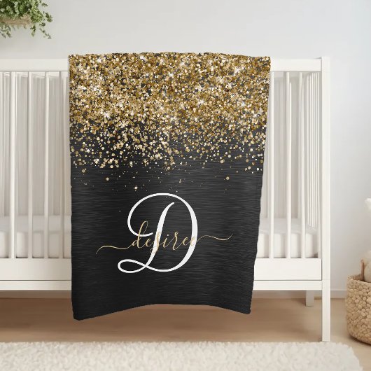 Aangepast goudglitter zwart monogram fleece deken