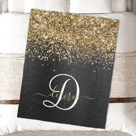 Aangepast goudglitter zwart monogram fleece deken