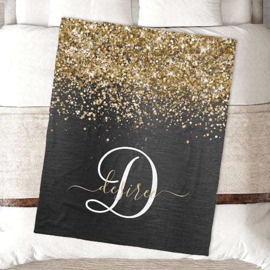 Aangepast goudglitter zwart monogram fleece deken