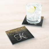 Aangepast goudglitter zwart monogram glazen onderzetter (Schuin)