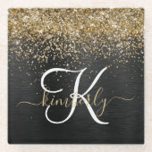 Aangepast goudglitter zwart monogram glazen onderzetter (Voorkant)