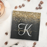 Aangepast goudglitter zwart monogram glazen onderzetter<br><div class="desc">Pas dit trendy elegante onderzetter-setontwerp met  gouden mousserende glitter eenvoudig aan op een zwarte geborstelde metalen achtergrond.</div>