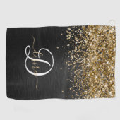 Aangepast goudglitter zwart monogram golfhanddoek (Horizontaal)