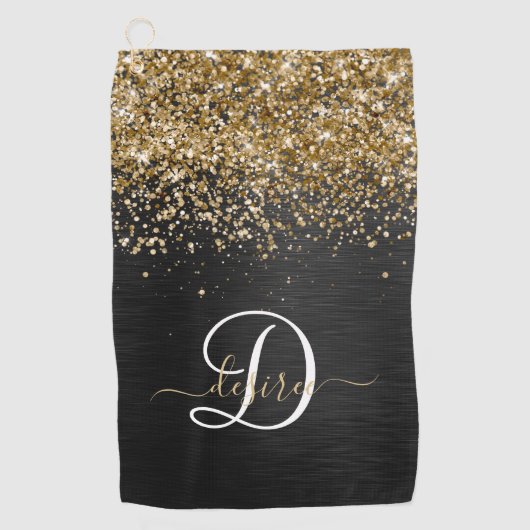 Aangepast goudglitter zwart monogram golfhanddoek (Voorkant)