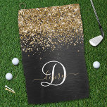 Aangepast goudglitter zwart monogram golfhanddoek<br><div class="desc">Pas dit trendy elegante ontwerp van golfhanddoeken met  gouden mousserende glitter op een zwarte geborstelde metalen achtergrond gemakkelijk aan.</div>