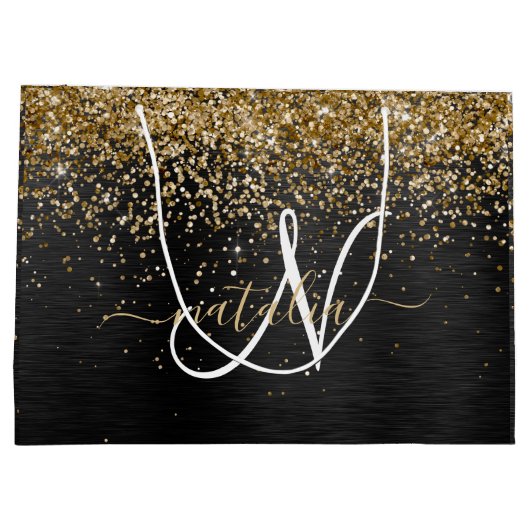 Aangepast goudglitter zwart monogram groot cadeauzakje (Achterkant)