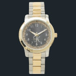 Aangepast goudglitter zwart monogram horloge<br><div class="desc">Pas dit trendy elegante horlogeontwerp met  gouden mousserende glitter eenvoudig aan op een zwarte geborstelde metalen achtergrond.</div>