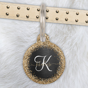 Aangepast goudglitter zwart monogram huisdierpenning