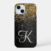 Aangepast goudglitter zwart monogram iPhone 15 case (Achterkant)