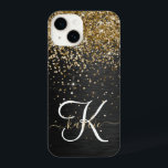 Aangepast goudglitter zwart monogram iPhone 14 hoesje<br><div class="desc">Pas dit trendy elegante telefoondoosontwerp met  gouden mousserende glitter op een zwarte geborstelde metalen achtergrond eenvoudig aan.</div>