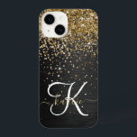 Aangepast goudglitter zwart monogram iPhone 14 hoesje<br><div class="desc">Pas dit trendy elegante telefoondoosontwerp met  gouden mousserende glitter op een zwarte geborstelde metalen achtergrond eenvoudig aan.</div>