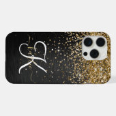 Aangepast goudglitter zwart monogram iPhone hoesje (Achterkant horizontaal)