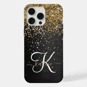 Aangepast goudglitter zwart monogram iPhone 15 pro max case