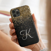 Aangepast goudglitter zwart monogram iPhone hoesje