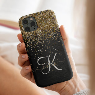 Aangepast goudglitter zwart monogram iPhone 14 plus hoesje