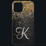Aangepast goudglitter zwart monogram iPhone 12 pro max hoesje<br><div class="desc">Pas dit trendy elegante telefoondoosontwerp met  gouden mousserende glitter op een zwarte geborstelde metalen achtergrond eenvoudig aan.</div>