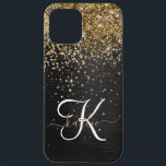 Aangepast goudglitter zwart monogram iPhone 12 pro max hoesje<br><div class="desc">Pas dit trendy elegante telefoondoosontwerp met  gouden mousserende glitter op een zwarte geborstelde metalen achtergrond eenvoudig aan.</div>