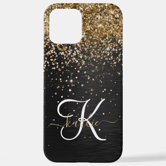 Aangepast goudglitter zwart monogram iPhone hoesje (Achterkant)